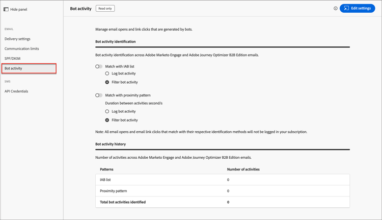 Acceda a la configuración de actividad de bots para la entrega de correo electrónico