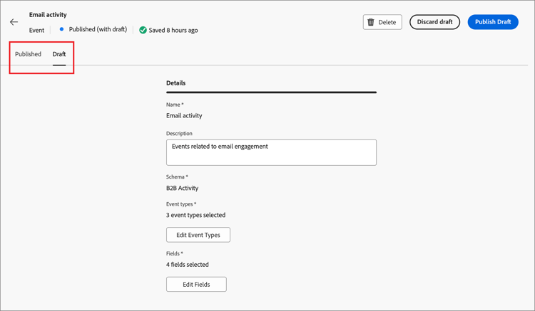 Seleccione la versión de borrador para editar los detalles