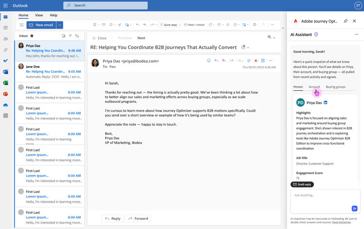 Integración del calificador de ventas con Microsoft Outlook que muestra resúmenes de correo electrónico y contactos
