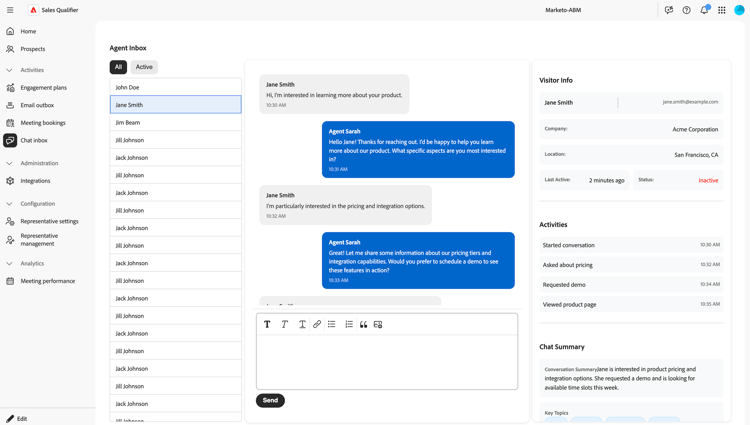 Panel que muestra hilos de chat con resúmenes de contactos y subprocesos para la automatización de ventas