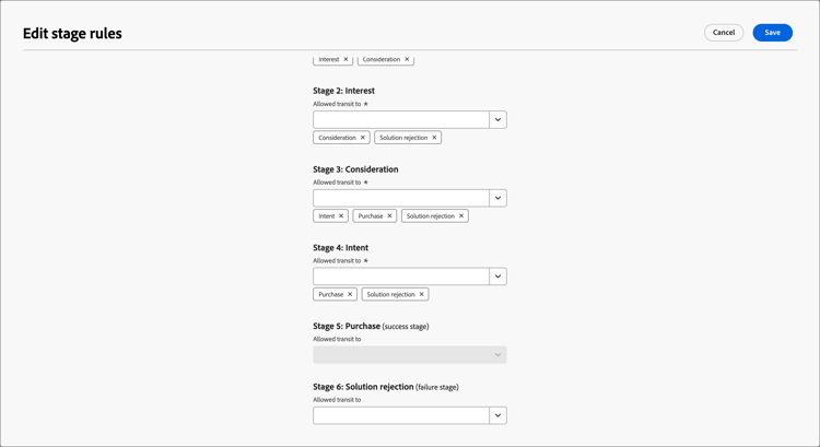 Configurar transiciones entre etapas que no son de destino