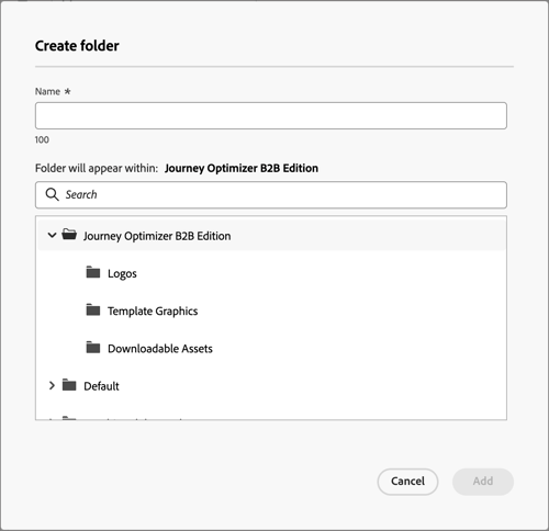Cuadro de diálogo Crear carpeta