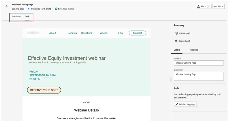 Vista previa y detalles de la versión de borrador de la página de aterrizaje