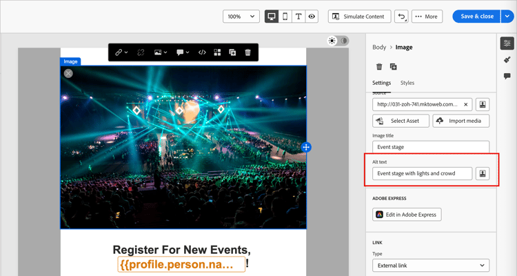 Panel de configuración de componente de imagen con campo de texto alternativo resaltado