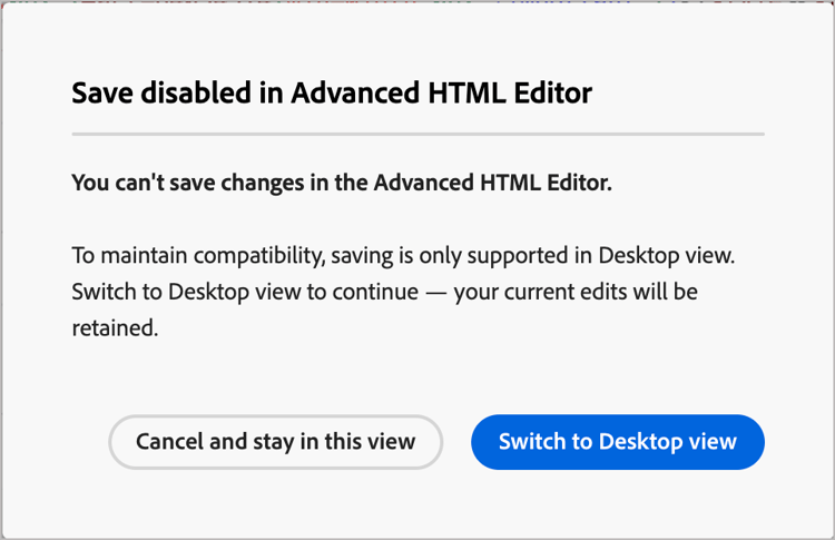 El cuadro de diálogo de alerta que guardó está deshabilitado en el modo avanzado de HTML