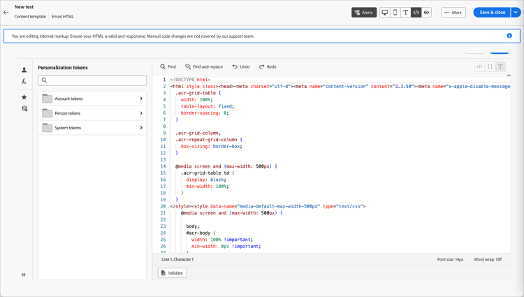 Modo HTML avanzado con origen HTML sin procesar del contenido del correo electrónico