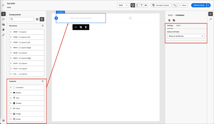 Arrastre un elemento de contenido al lienzo y ajuste la configuración