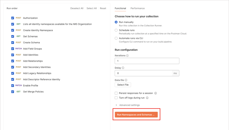 IU de Postman con varias solicitudes en la colección de espacios de nombres y esquemas seleccionada.