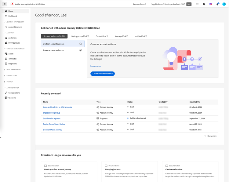 Página de inicio de Journey Optimizer B2B edition