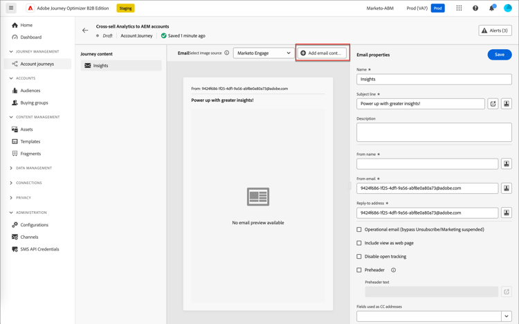 Haga clic en Agregar contenido de correo electrónico