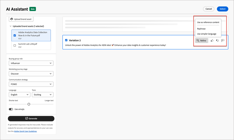 Asistente de IA: refinamiento del encabezado previo