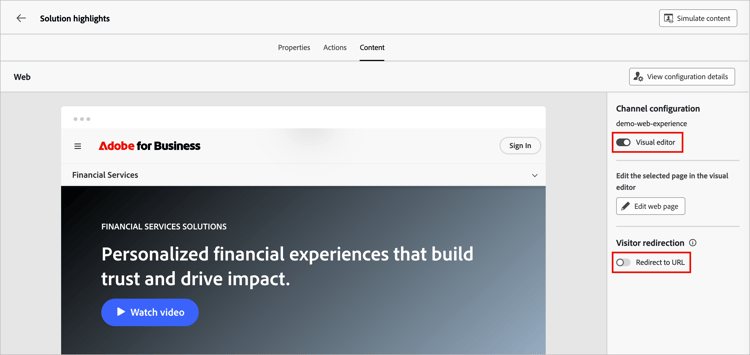 Alternar propiedades para el editor visual y redirigir URL