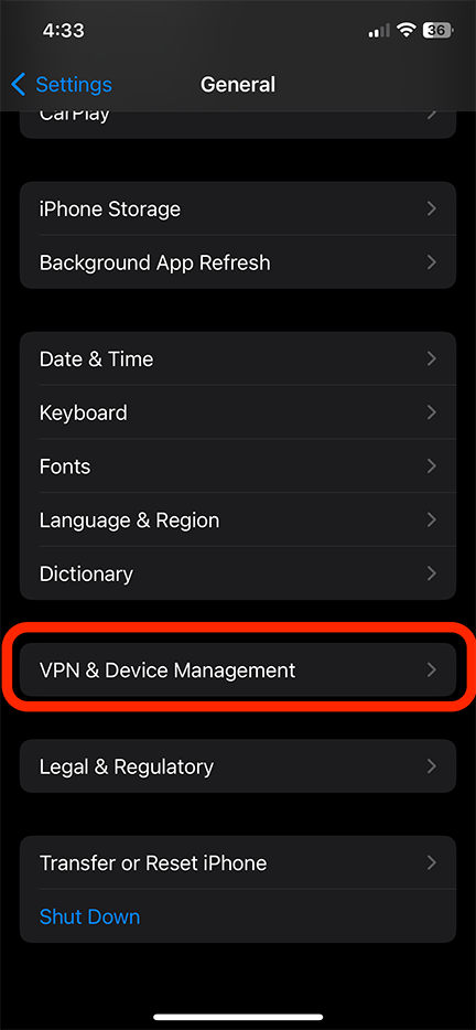 Pantalla de configuración de administración de dispositivos