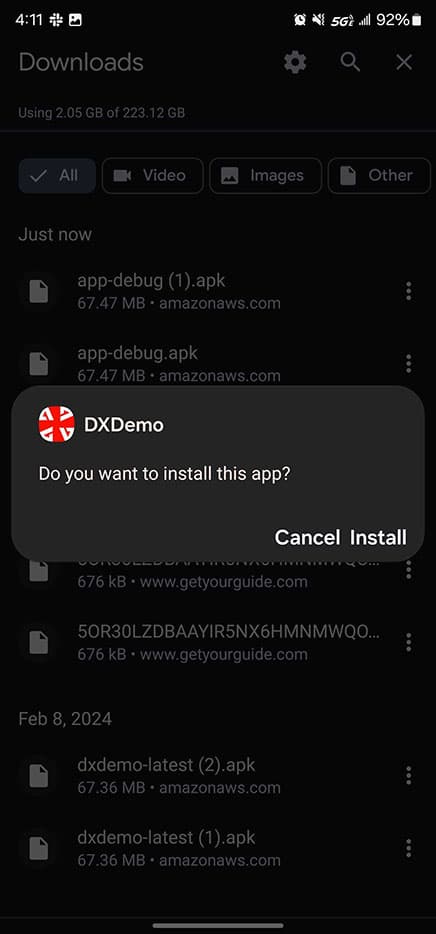 Pantalla de descarga de Android
