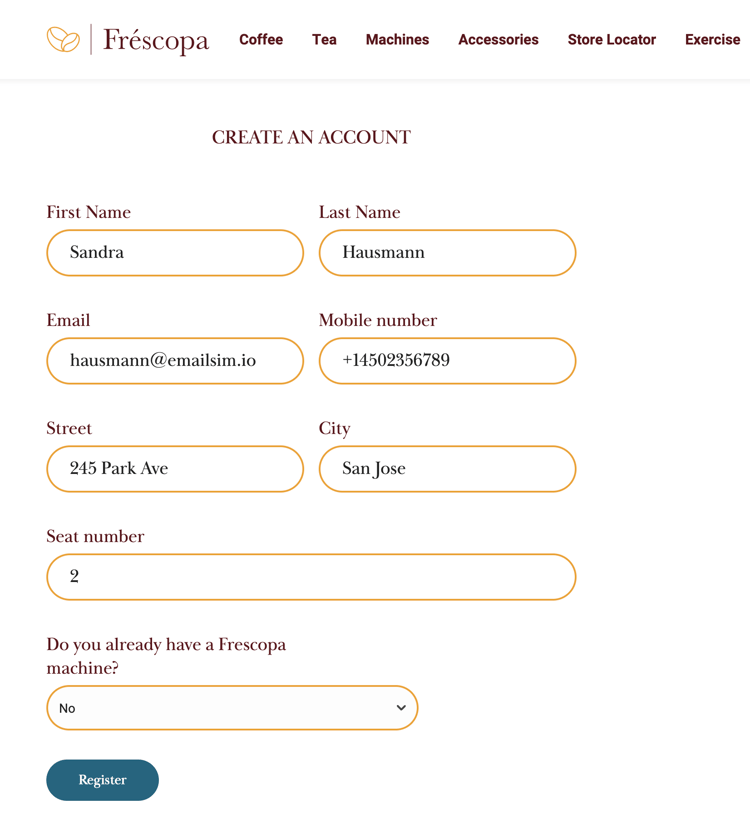 Página de registro de Fréscopa
