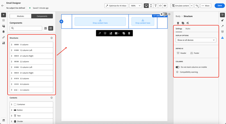 Enviar correo electrónico a Designer con el panel Estructuras que muestra los diseños de columna disponibles y las fichas Configuración y estilos resaltadas en el panel Estructura derecho