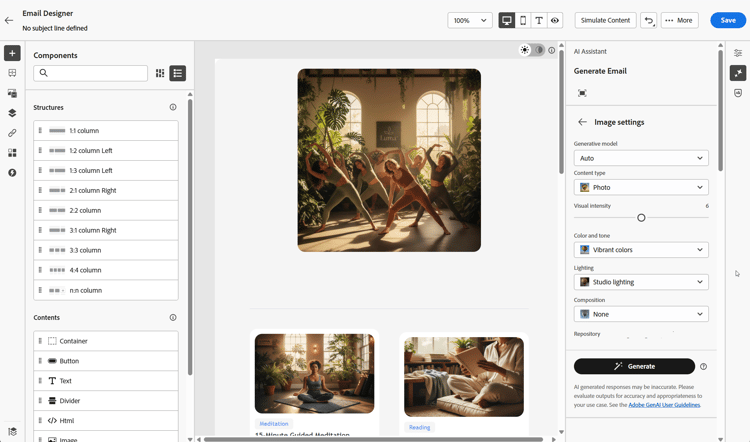 El panel de configuración de imagen muestra las opciones Tipo de contenido, Intensidad visual, Color y tono, Iluminación y Composición