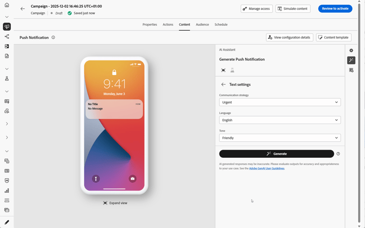 Panel de configuración de texto para notificaciones push