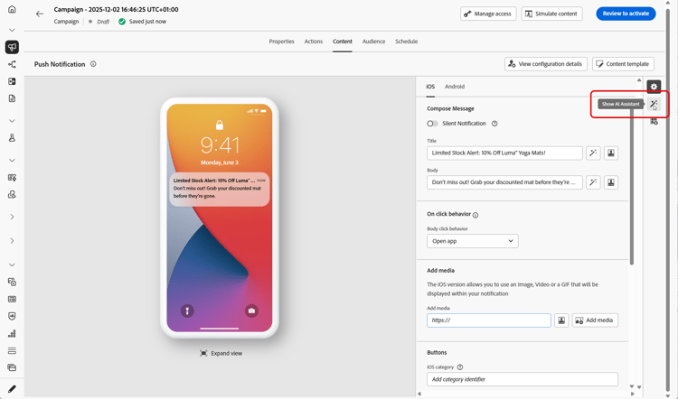 Captura de pantalla que muestra el menú Mostrar asistente de IA