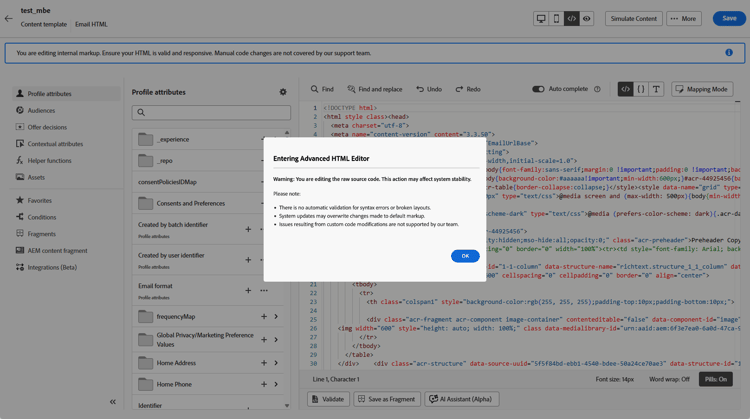 Cuadro de diálogo de advertencia al abrir el editor de HTML avanzado por primera vez