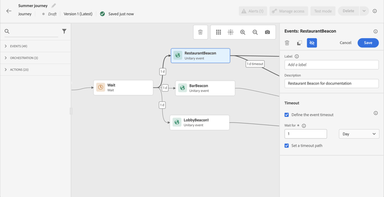 Varios eventos con configuraciones de tiempo de espera en el recorrido