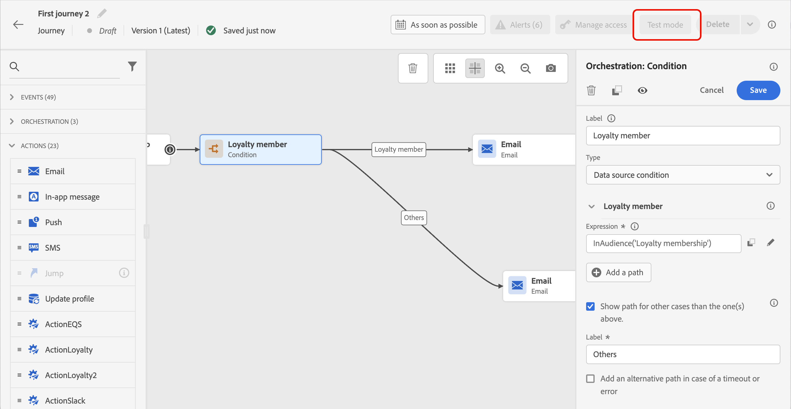 Actividad de condición para la segmentación de audiencia en rutas de VIP y que no sean de VIP