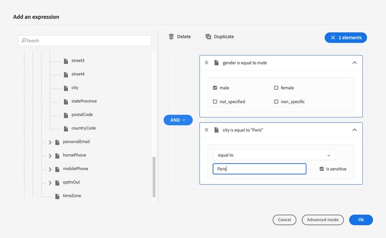 Editor de expresiones simple con campos de arrastrar y soltar y operadores lógicos