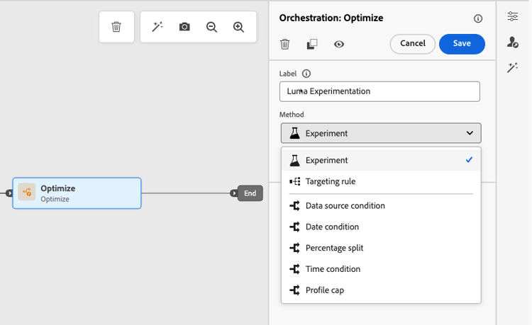 Panel de configuración del experimento de ruta