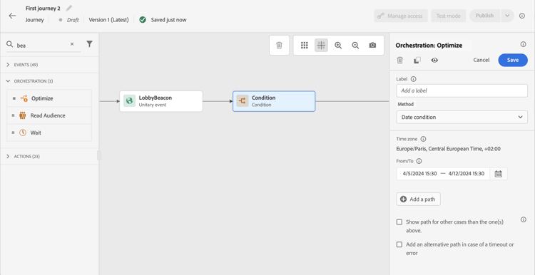 Configuración de condición de fecha con campos de fecha de inicio y finalización