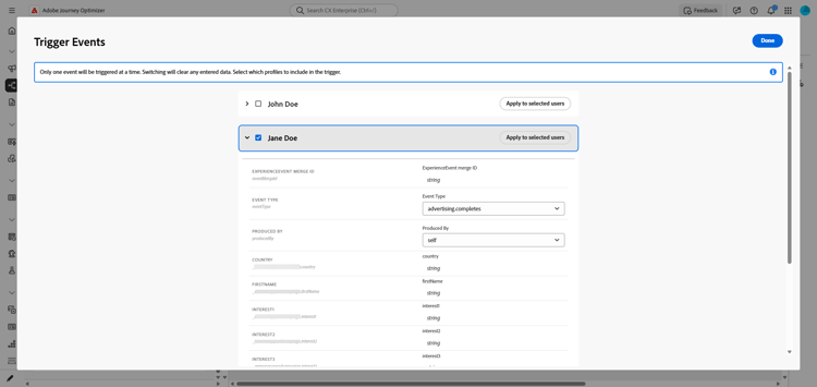 Configuración de eventos con lista de usuarios de pruebas y campos de eventos