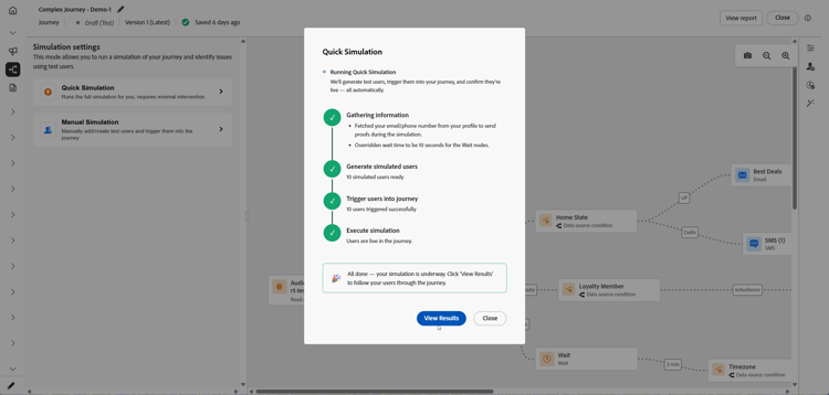 Simulación rápida completada con todos los pasos correctos y Ver resultados disponibles