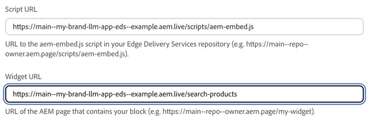 Crear nueva acción: URL de scripts y widgets para un widget EDS