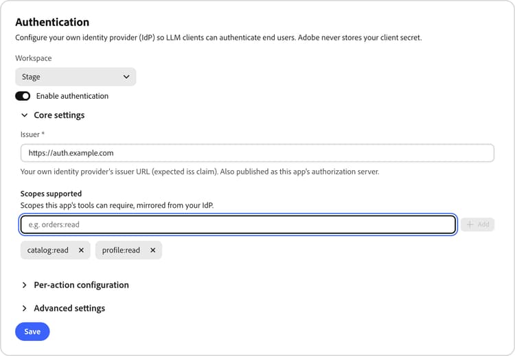 Autenticación: habilitar la autenticación y completar la configuración principal