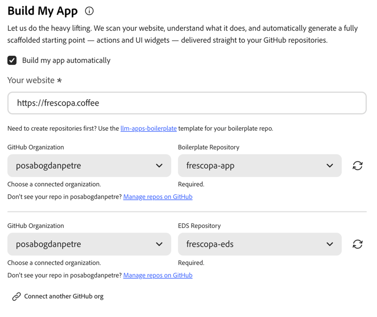 Crear mi aplicación: seleccione la organización de GitHub, el repositorio de plantillas y el repositorio de EDS