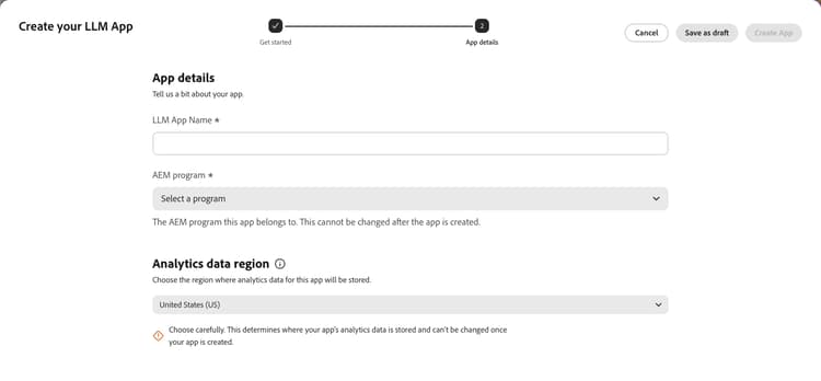 Detalles de la aplicación: escriba un nombre de aplicación, seleccione un programa de AEM y elija la región de datos de Analytics
