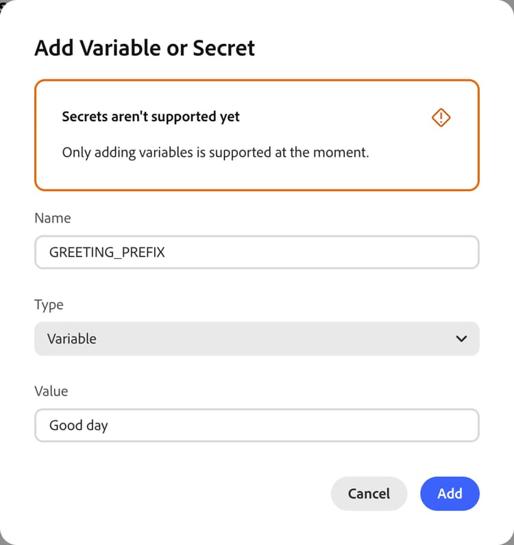 Agregar variable o secreto — GREETINGPREFIX establecido en Buen día