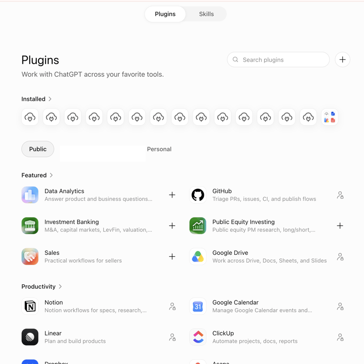 ChatGPT — página de complementos