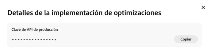 Clave de API de producción en Implementar detalles de optimizaciones