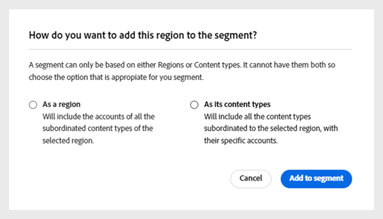Agregar un componente de segmento como área o sus tipos de contenido