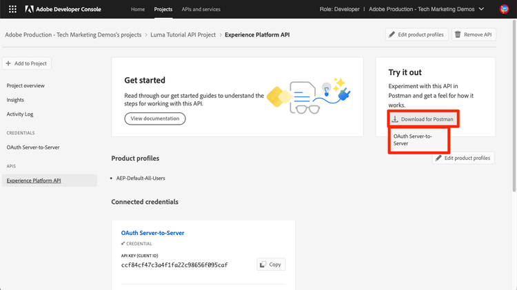 Configuración de la API del proyecto Adobe Developer Console