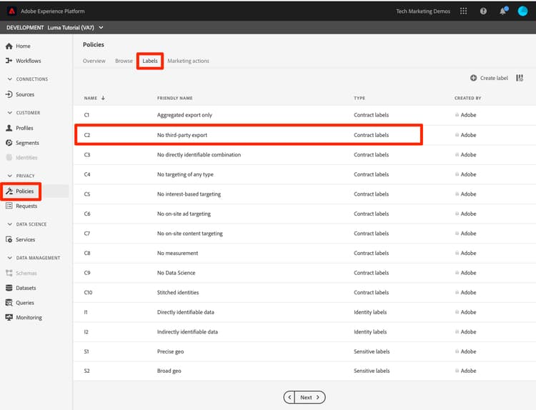 Etiqueta de control de datos