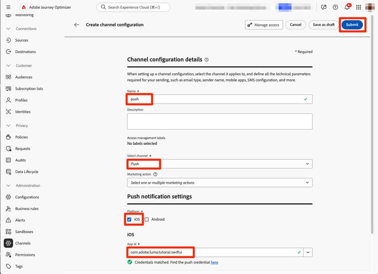 Configurar el canal en la aplicación