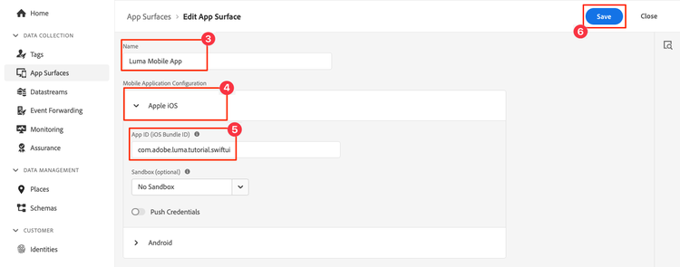 configuración de superficie de aplicación