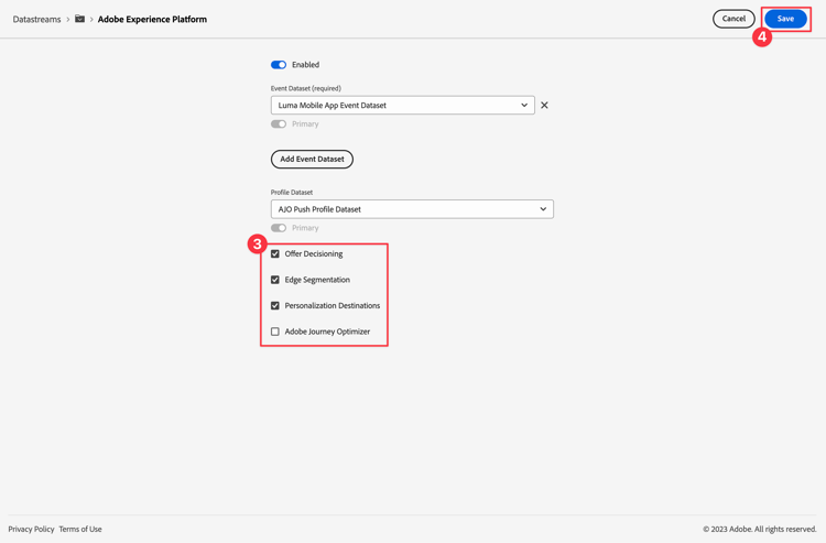 Configuración de secuencia de datos AEP