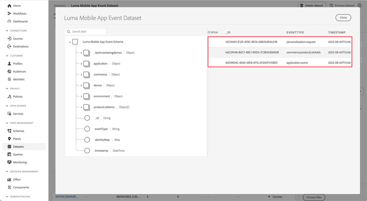 validar ciclo de vida enviado al conjunto de datos de Platform