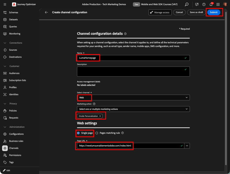 Configurar el canal web