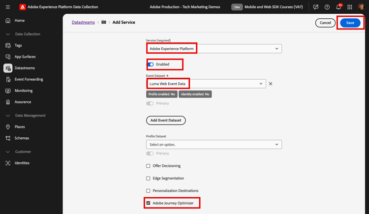 Configuración de secuencia de datos