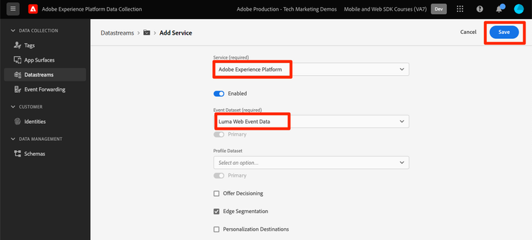 Configuración de secuencia de datos