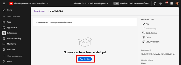 Agregar un servicio al conjunto de datos
