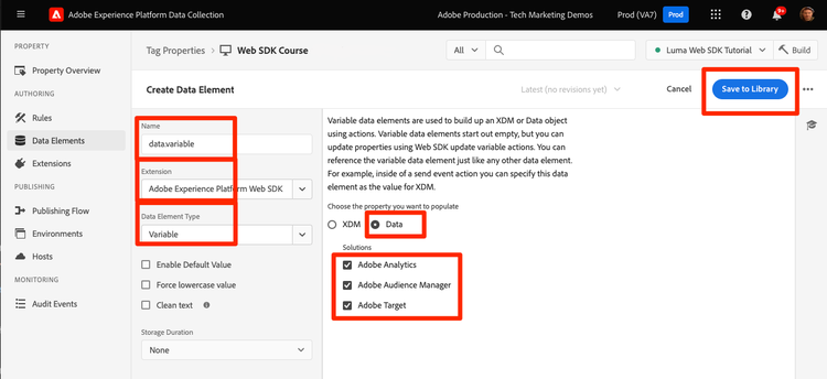 Elemento de datos variable para el objeto de datos